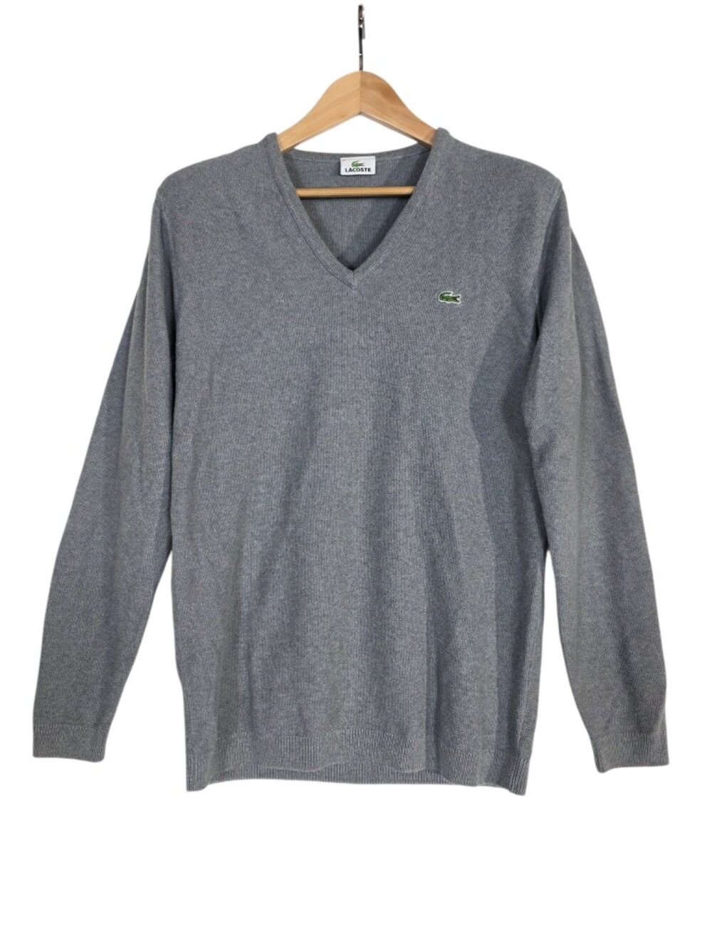 Lacoste Grey V-Neck Knit Sweater Size 5 (Mens L) – 100% Cotton